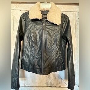 Retro Black Faux Leather Fur Collar Classic Bomber Biker Jacket Size Large